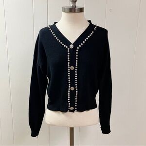 Vtg Y2k Holiday LIV MILANO Rhinestone Ribbed Faux Cardigan Sweater Small Black